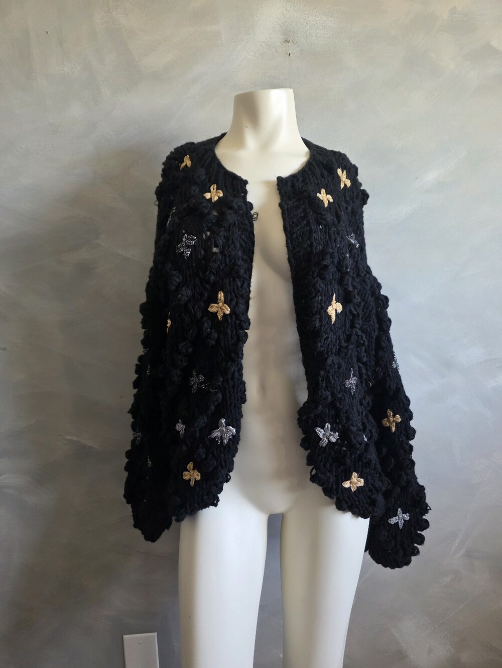 Saachi Aria Popcorn Knit Cardigan Black Chunky Knit Pom Pom Celestial Quirky OS